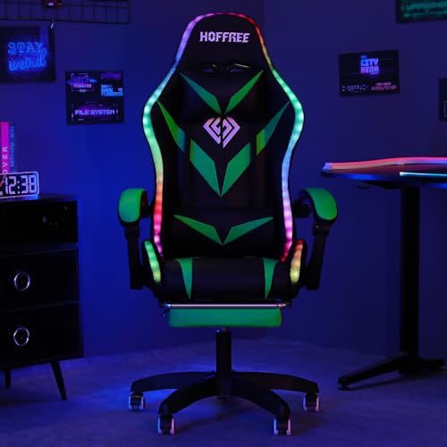 Gaming Chair Massage with Bluetooth Speakers and Led Lights Ergonomic Computer Gaming Chair with Footrest RGB Video Game Chair with High Back Lumbar Support White and Black