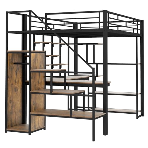 Modern Full Size Metal Loft Bed with Storage Staircase and Small Wardrobe, Multi-functional Metal Loft Bed Frame with Built-in Desk and Storage Shelves (White/L7)
