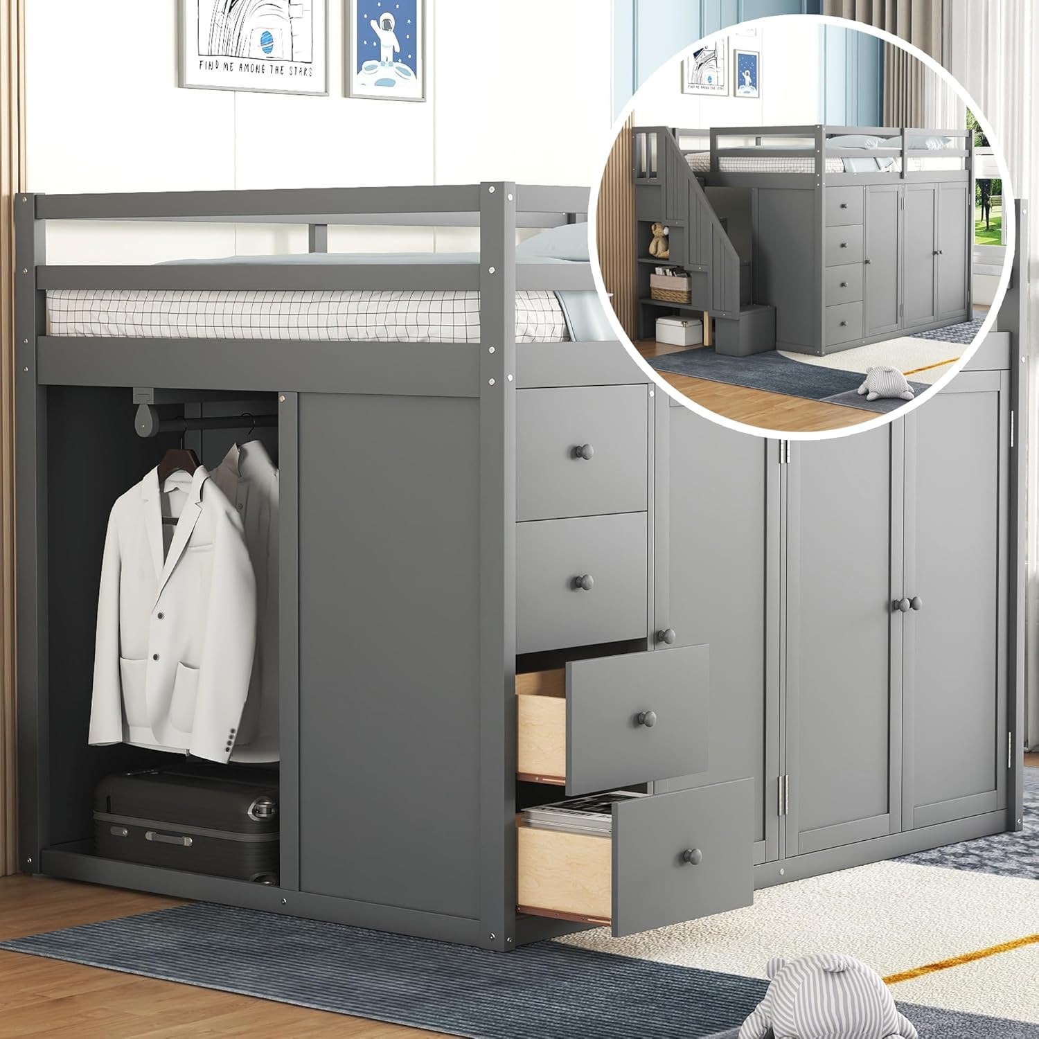 Full Size Loft Bed with Storage Space, Muti-Functional Wooden Loft Bed Frame with Built-in Wardrobes, Staircase, Cabinets and Drawers for Kids Teens Adults Bedroom, Space-Saving Design, Gray