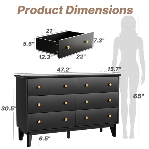 LYNSOM White Dresser for Bedroom, Modern 6 Drawer Double Dresser with Deep Drawers and Gold Knobs, Wood Storage Chest of Drawers for Living Room, Office