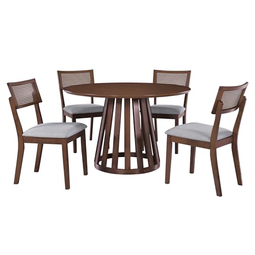 47.2'' Round Dining Table Set for 4 6 Wood Dining Room Table and 4 Upholstered Chairs 5-Piece Kitchen Table Leisure Coffee Table with Rattan Backrests Chairs, Walnut