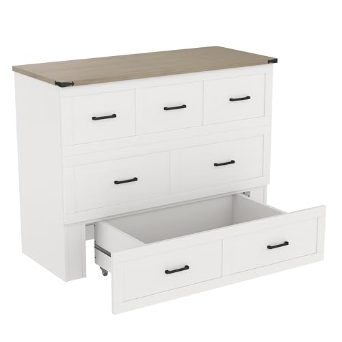 Bellemave Queen Murphy Bed, Cabinet Bed with Charging Station and Storage, Farmhouse Murphy Cabinet with Foldable Panel, Noisy Free, for Guest Bedroom, Living Room, Office, Rustic Gray