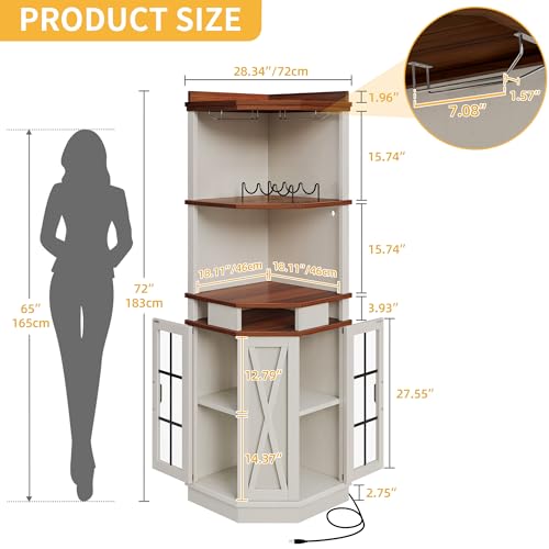 DWVO Corner Bar Cabinet with Glass Door & LED Lights, 72" Tall Farmhouse Liquor Cabinet Bar with Glass & Wine Holder, 6-Tiers Alcohol Cabinet for Dining Room, Living Room, Kitchen,White