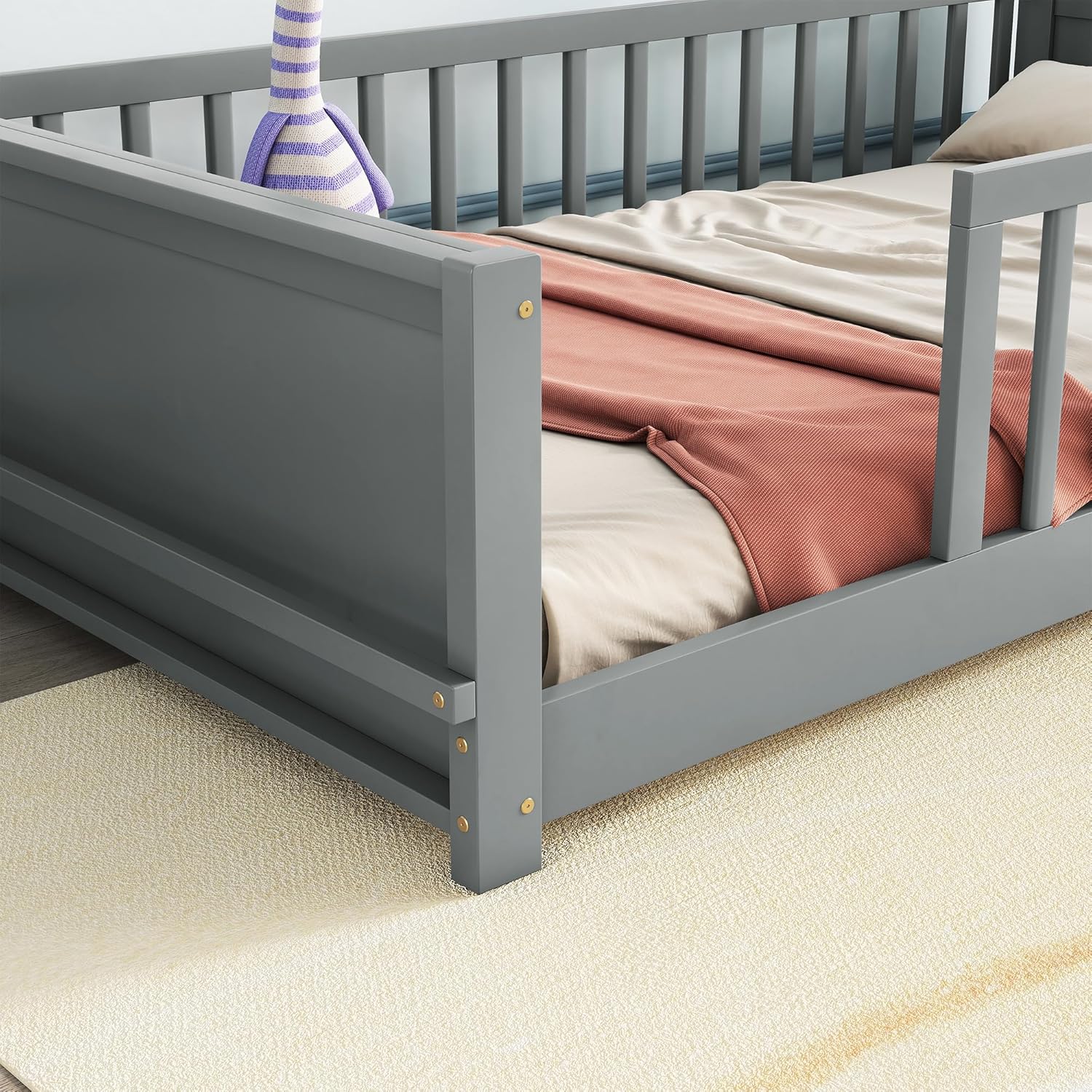 Montessori Floor Bed with Safety Guardrails and Slats, Twin Size Solid Pine Wood Floor Bed Frame, for Girls, Boys, Child Bedroom, Kids Playroom (Grey)