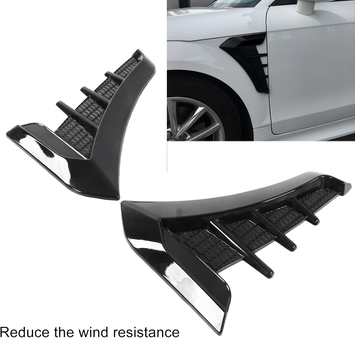 Fydun Hoods Vents Bonnet Cover， Car Hood Vent Scoop Kit 2pcs Gloss Black Side Vent Trim Decoration Sticker Rubber Shark Gills Universal for Cars Pack of 2