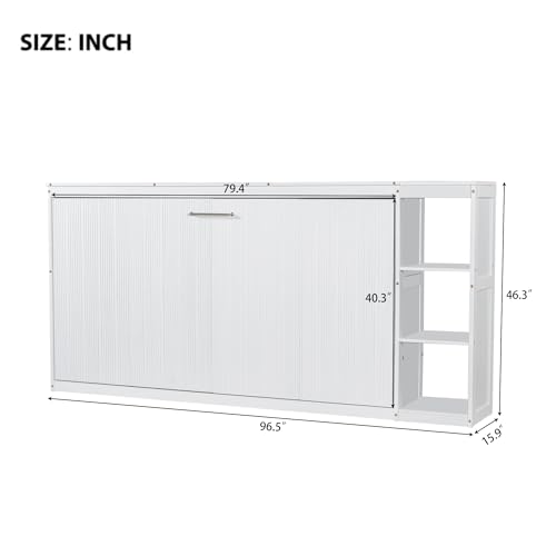 Full Size Horizontal Murphy Bed with Shelves, Full Murphy Bed with Side Bookcase, can be Folded into a Cabinet, Hideaway Wall Bed Space-Saving for Guest Room Bedroom Office, Natural