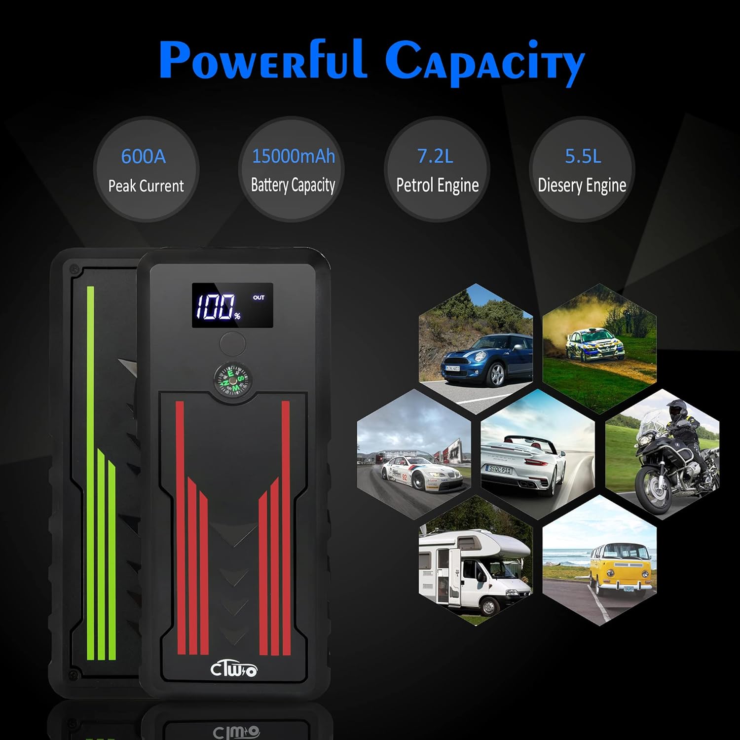 Battery Jump Starter for Car, CTWJO 12V 600A 15000mAh Portable Jump Starter Booster with USB-C Smart Port, Compass, LCD Screen, LED Light, Travel Case