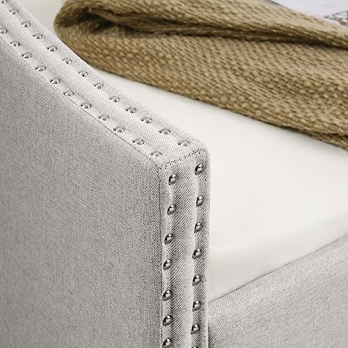 Full Size Upholstered Daybed with Pull Out Twin Trundle, Multifunctional Tufted Sofa Bed Frame with Button Nailtrim Arms and Wood Slat Support, No Spring Box Needed (Beige, Full)