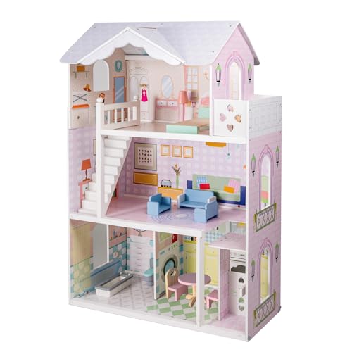 Large Wooden Dollhouse with Working Elevator & Balcony - 3 Stories 6 Rooms Doll House Playset with Furniture Accessories, Creative Toy Gift for Girls 3+, White
