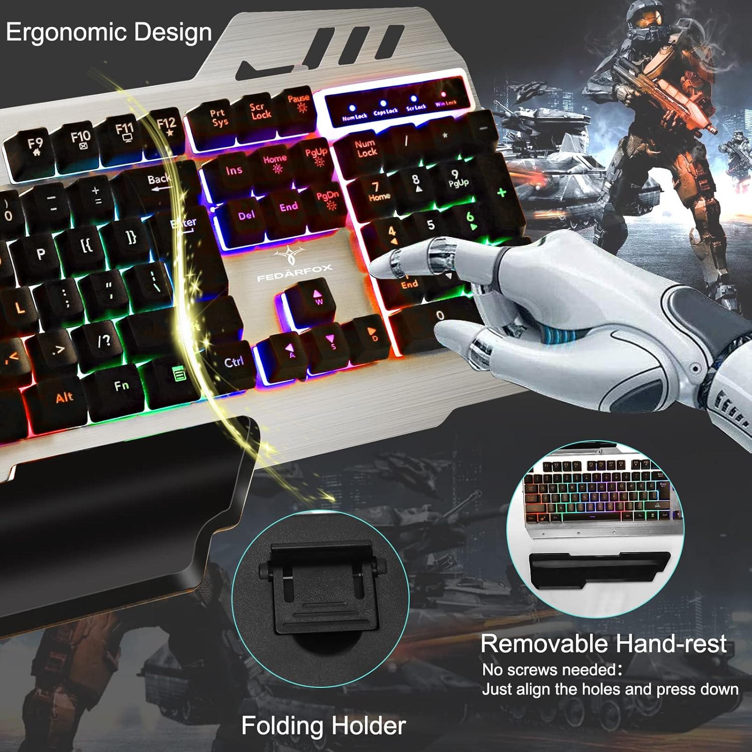 Gaming Keyboard and Mouse - FEDARFOX Wired Rainbow Led Keyboard Mouse Combo Backlit Illuminated Mice Mechanical Feeling Keyboard with Removable Hand Rest RGB Keyboard for Windows PC GamerPS4