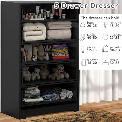 Dresser for Bedroom with Power Outlets Wood 5 Drawer Dresser with Large Storage Space Black Chest of Drawers with Smooth Metal Rail Tall Storage Organizer for Bedroom Living Room Closet