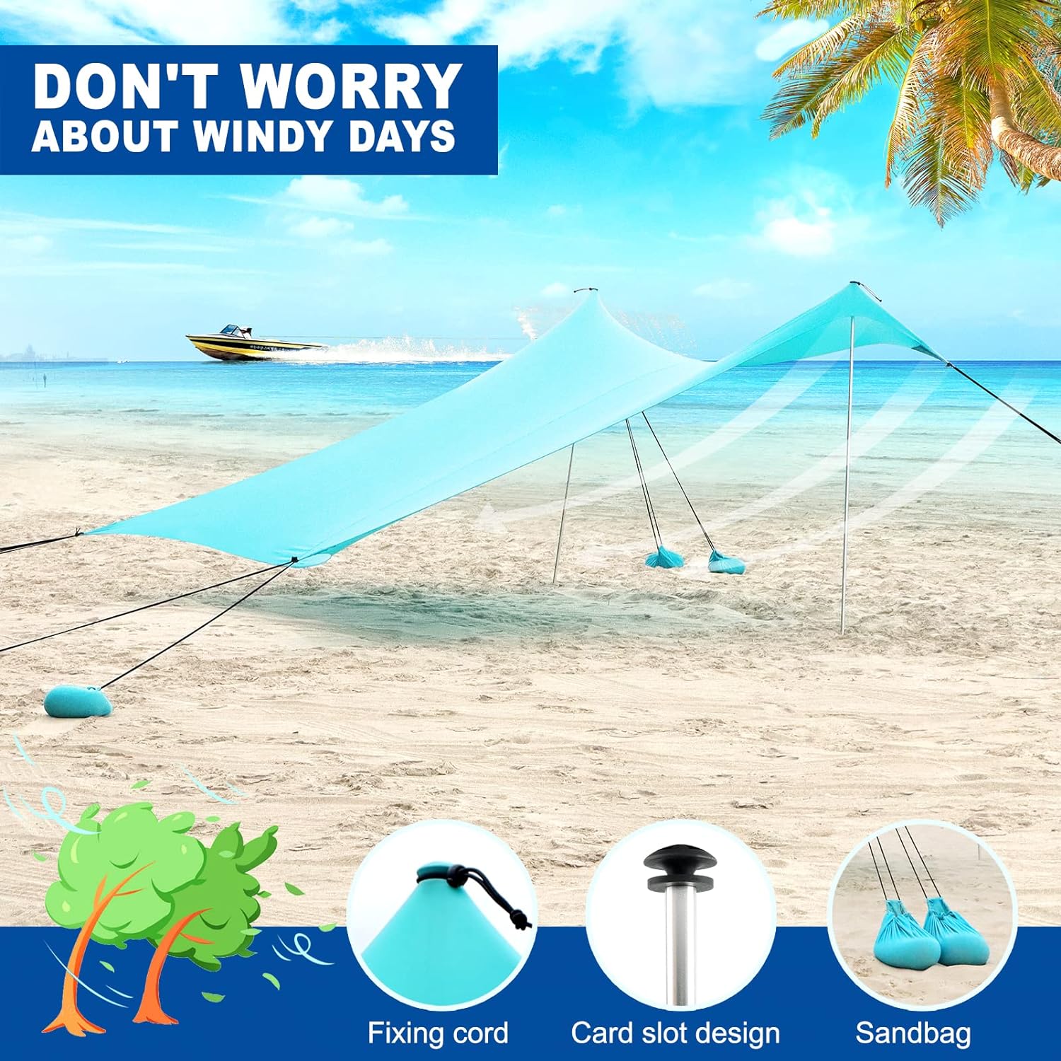 Beach Shade Canopy - Windproof Beach Tent UPF50+, Portable Outdoor Sunshade for Family, Couples - Shelter with 4 Aluminium Pole and 8 Sandbags for Beach Camping Fishing Picnics Park(10×10FT)