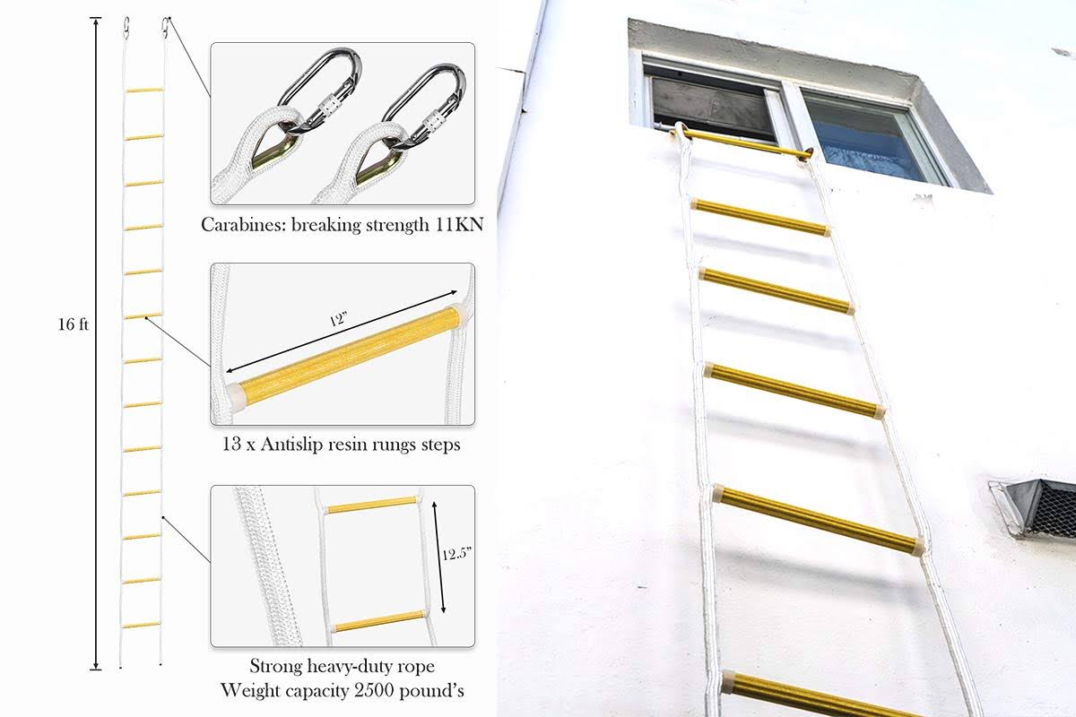 Isop Emergency Fire Escape Ladder 16 ft (2 Story) Flame Resistant Safety Rope Ladder with Hooks – Fast to Deploy u0026 Easy to U