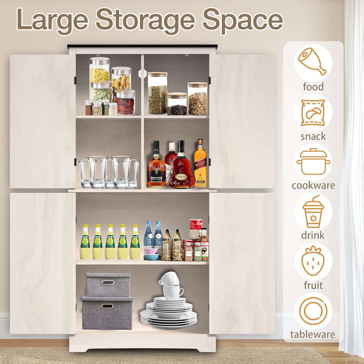 63'' Farmhouse Kitchen Pantry Cabinet, Grey Food Storage Cabinet with 4 Doors and Shelves, Freestanding Pantry Cupboard for Kitchen, Dining Room, Living Room