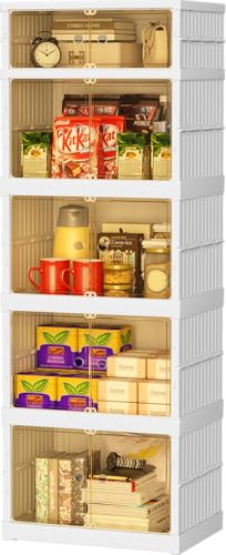 Collapsible Storage Bins with Wheels, 108 Gal Foldable Closet Organizers and Storage, Plastic Storage Cabinet with Door, 5 Tier Storage Containers for Kitchen Office Bedroom, White