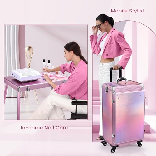 Joligrace Rolling Manicure Table Makeup Case Foldable Nail Desk 5 Drawers Cosmetology Case on Wheels with Brush Pouch for Technician Workstation Mobile Makeup Artist Trolley, Black