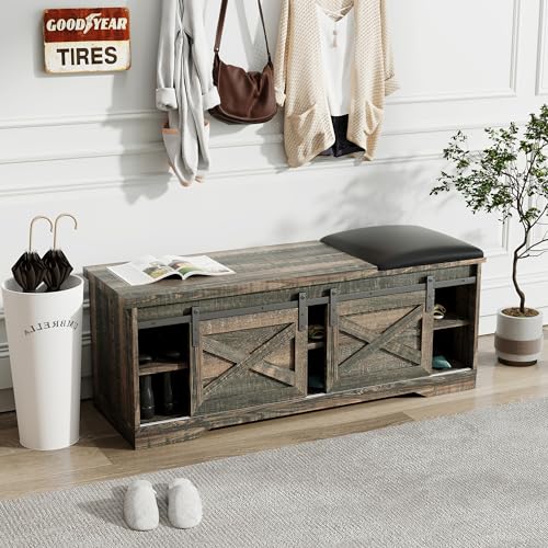 47" Shoe Bench Entryway with Storage,Farmhouse Shoe Bench with Sliding X Barn Door, Entryway Bench with Storage Space and Padded Cushion,2-Tier Shoe Bench for Entryway,Living Room(Antique Gray)