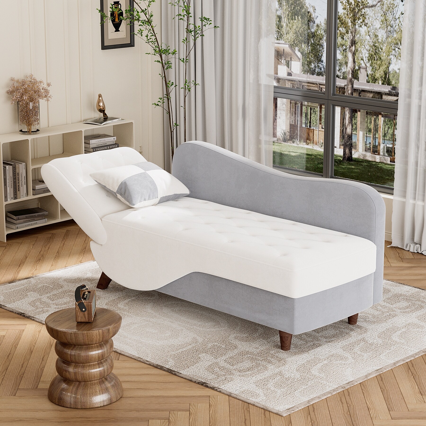 Ouyessir Upholstered Storage Chaise Lounge Chair with Left Armrest & Lumbar Pillow White
