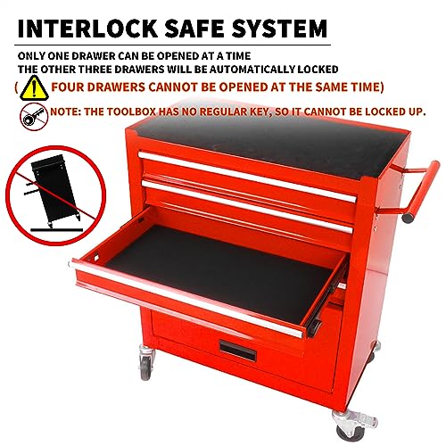 4-Drawer Tool Cart on Wheels, Rolling Tool Box，Heavy Duty Utility Industrial Service Cart Storage Organizer with Locking System, for Mechanic, Warehouse, Garage, Workshop