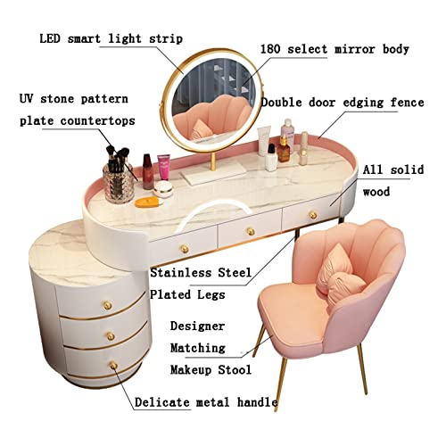 Vanity Table White Vanity Set Makeup Vanity Desk with Round Mirror, White Vanity Makeup Table Girls and Women Vanity Table for Bedroom with Lots Storage Dressing Table(D,120cm)