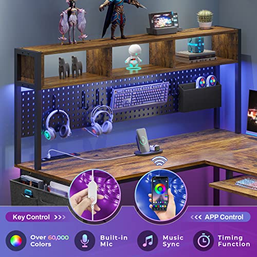SEDETA L Shaped Gaming Desk, Reversible Computer Desk with Power Outlet and Pegboard, Gaming Desk with Led Lights, Keyboard Tray and Storage Bag for Home Office, Black