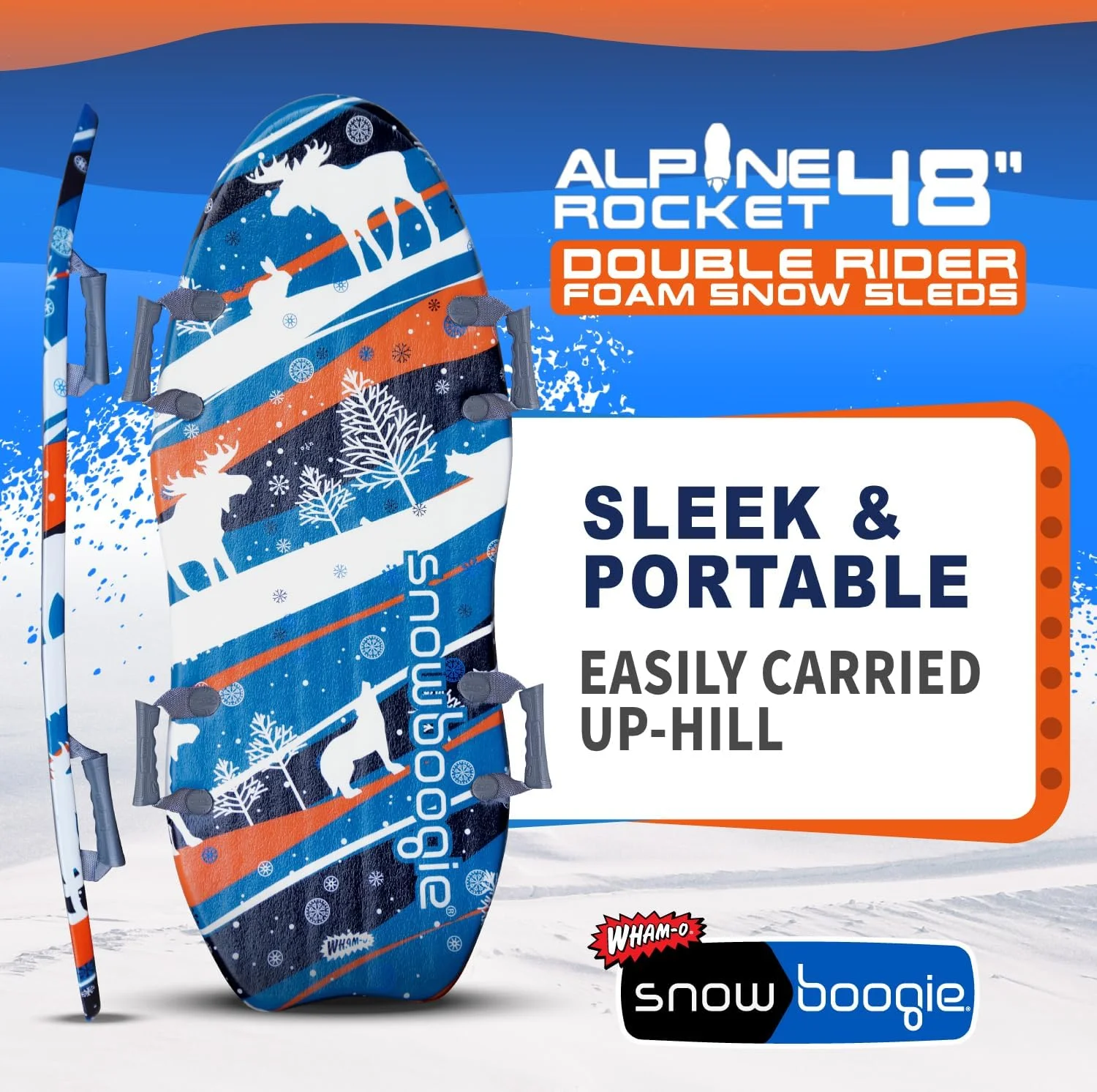 Wham-O Snowboogie Alpine Rocket 48" | 2 Pack | Double Rider Snow Foam Sleds | Snow Sledding for Adults & Children ( 2 Pack, Purple, Pink )