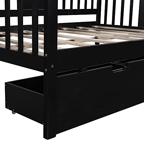Twin Size Wooden Extendable Daybed with Trundle and 2 Storage Drawers, Platform Day bed with Wood Slat Support, for Bedroom, Living Room, No Spring Box Needed, Easy Assemble