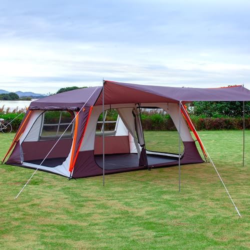KTT Extra Large Tent 10-12-14 Person(Style-B),Family Cabin Tents,2 Rooms,3 Doors and 3 Windows with Mesh,Straight Wall,Waterproof,Double Layer,Big Tent for Outdoor,Picnic,Camping,Family Gathering