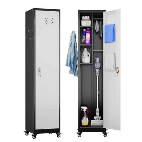 Aobabo 71" H×34" W×18" D Garage Metal Storage Cabinet with Wheels, Locking Steel Storage Cabinet with 5 Shelves and 4 Hooks, for Home Office, School, Assembly Required, Black Silver