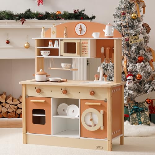 ROBUD Play Kitchen Set, Wooden Play Kitchen with Ice Maker, Fridge, Coffee Machine, Oven, Dishwasher, Microwave, Kitchen Accessories, Toy Kitchen Gift for Boys Girls, 3+