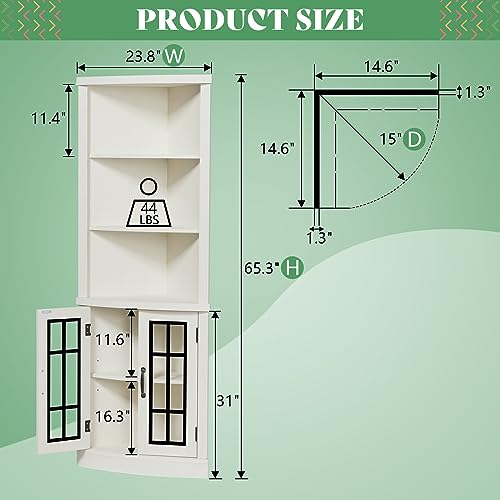 AMERLIFE Curved Corner Storage Cabinet, 65" Tall Freestanding Bookcase with Glass Doors & Adjustable Shelves, 5-Tier Corner Display Cabinet for Living Room, Bathroom, Laundry Room, Washed Grey