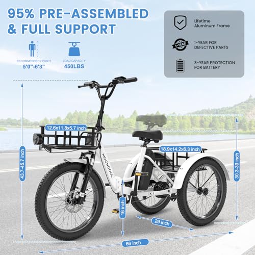 MOONCOOL Electric Trike, Electric Tricycle for Adults, 20" Folding 3 Wheels Electric Bicycle Bikes, 48V 500W/750W Motorized Electric Ebike with Aluminum Frame, Removable Battery and Basket