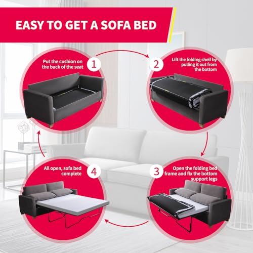 MUZZ Pull Out Sofa Bed, Queen Size Sofa Bed with Foam Mattress, Velvet Pull Out Sleeper Sofa, 2-in-1 Sofa with Pull Out Couch Bed for Living Room, Apartment, Office (Queen, Beige)