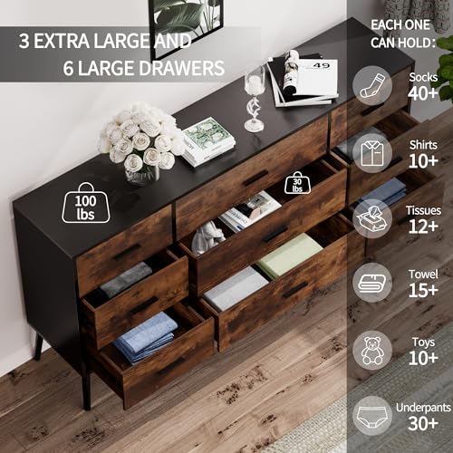 Scurrty 9 Drawer Dresser for Bedroom, White Dresser,Antique Storage Dresser with Wide Drawers, White Handles and Wooden Feet for Bedroom, Living Room&Hallway