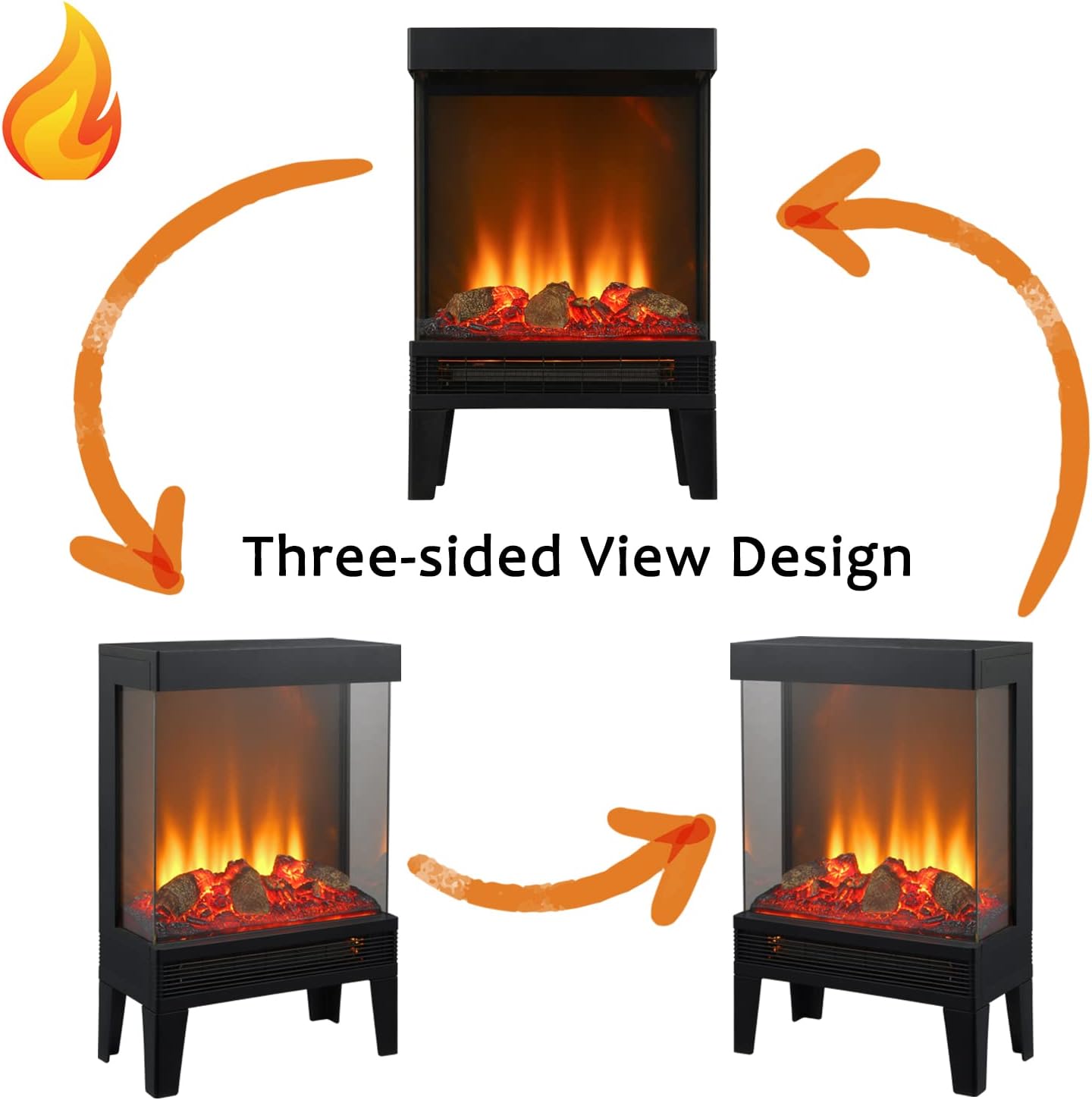 Goaeon 23inch Electric Fireplace Heater, Freestanding Electric Fireplace Stove with 3D Realistic Flame Effect, Three-Sided View Design, Indoor Use, 1000W/1500W