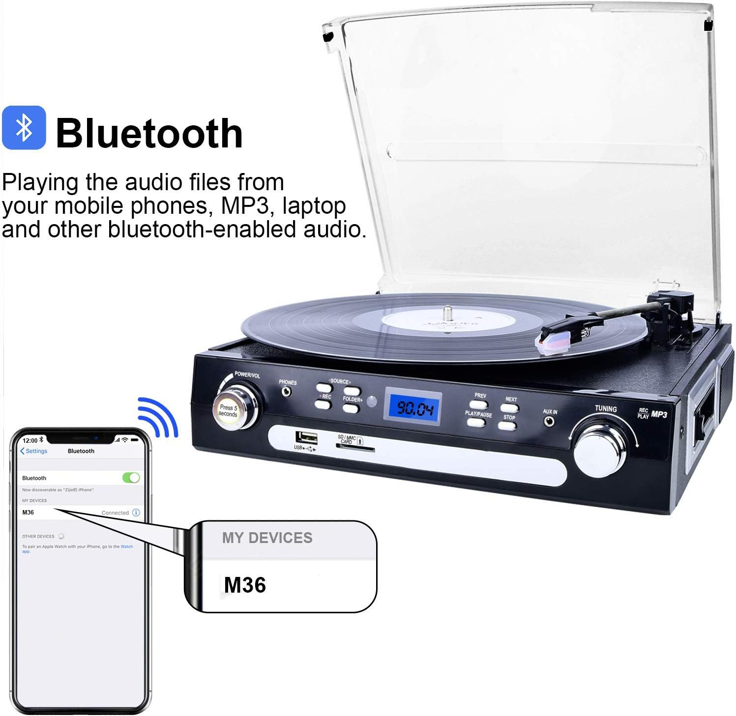 DIGITNOW Bluetooth Record Player with Stereo Speakers, Turntable for Vinyl to MP3 with Cassette Play, AM/FM Radio, Remote Control, USB/SD Encoding, 3.5mm Music Output Jack(Black) Pack of 2