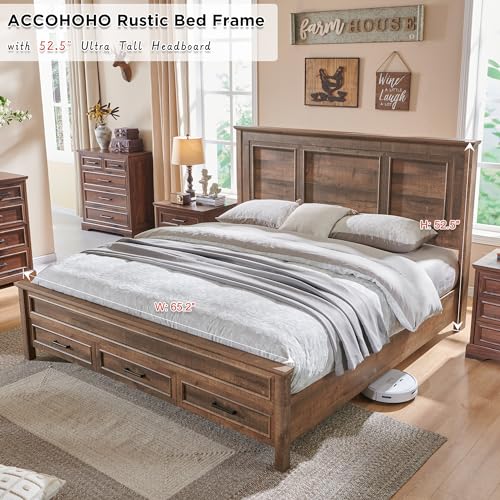 Farmhouse King Size Bed Frame with 52" Tall Full Panel Headboard, Wood Platform Bedframe with Footboard and Storage Drawers, No Squeak, No Box Spring Needed, Antique Brown