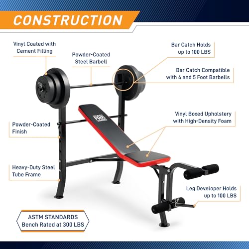 Marcy Standard Weight Bench with 80lbs to 100 lbs Vinyl-Coated Weight Set for Strength Training, Weight Lifting for Personal Home Gym