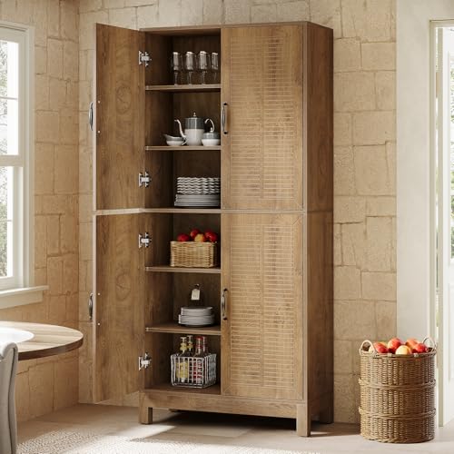 Tribesigns 70" Tall Kitchen Pantry Cabinet with Adjustable Shelves, Farmhouse 6-Tier Storage Cabinet with Doors and Shelves, Freestanding Bookcase for Living Room, Rustic Brown