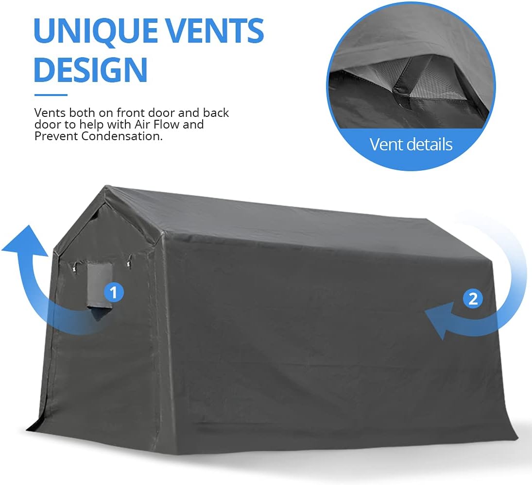 ADVANCE OUTDOOR 10x10 ft Heavy Duty Outdoor Patio Anti-Snow Portable Canopy Storage Shelter Shed Carport with 2 Roll up Zipper Doors & Vents for Snowmobile Garden Tools, Gray
