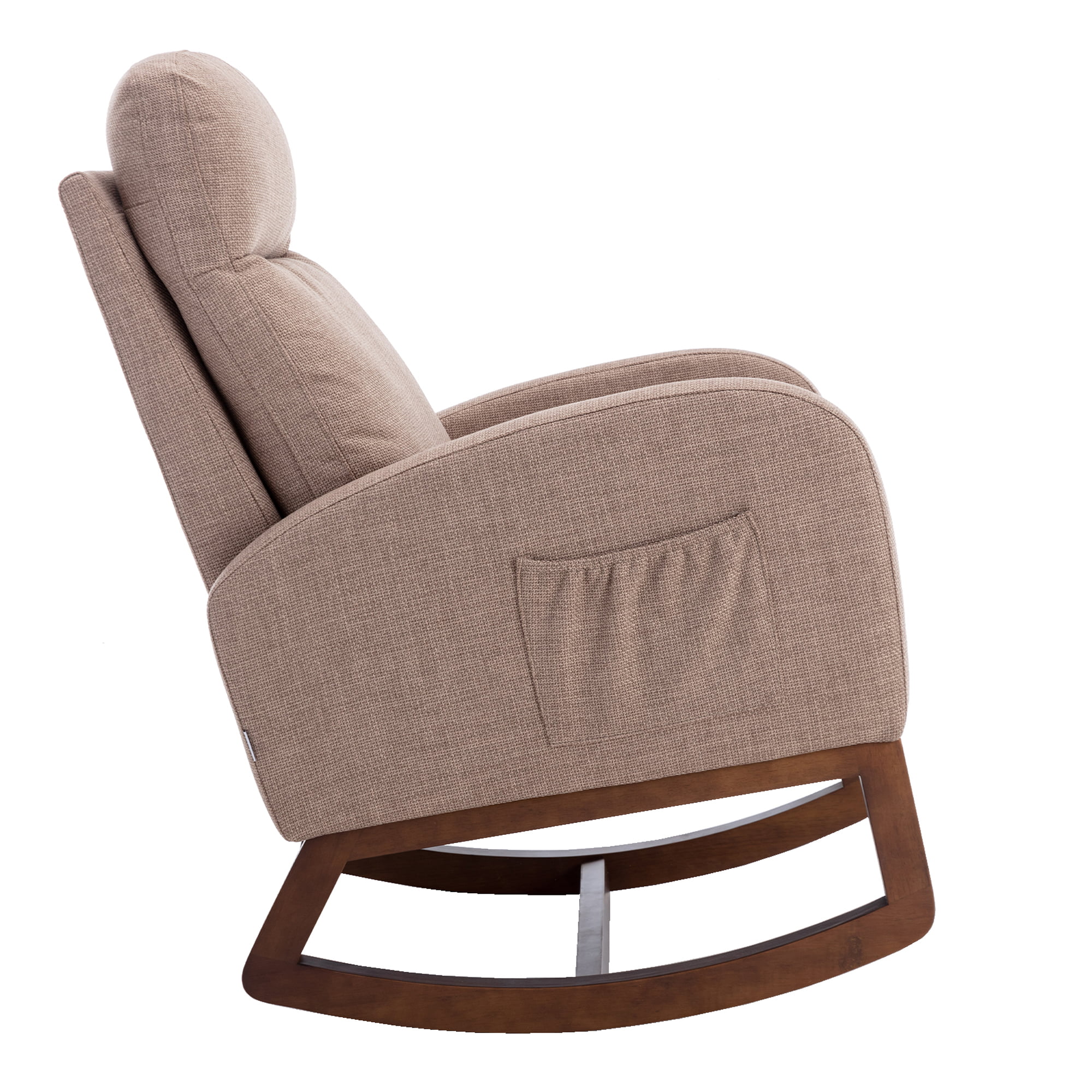 SYNGAR Modern Accent Rocking Chair, Upholstered Nursery Glider Rocker for Baby and Kids, Comfy Armchair with Side Pocket, Living Room Lounge Arm Chair, High Backrest with Wood Curved Base, Camel