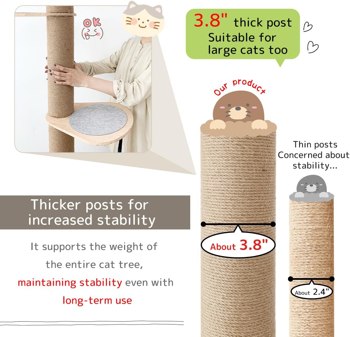 Cat Climbing Tower, Floor-to-Ceiling, Natural Sisal Rope Scratching Post, 93.7-101.1Inch, 101.2-108.6Inch, 108.7-115.4Inch