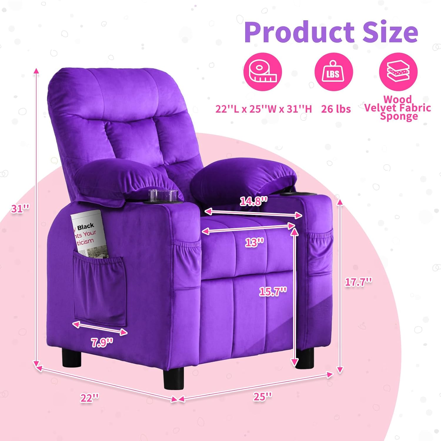 Kids Recliner, Toddlers Kids Recliner Chair with Cup Holder, Ergonomic Adjustable Velvet Lounge Chair with Footrest & Side Pockets, Toddlers Kids Baby Sofa for Boys Girls Bedroom (Purple)