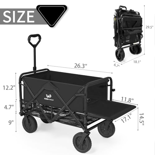 Collapsible Double Decker Wagon with Tailgate, Heavy Duty Foldable Wagon with All-Terrain Big Wheels, Beach Wagon for Camping, Sports, Shopping, Garden Black