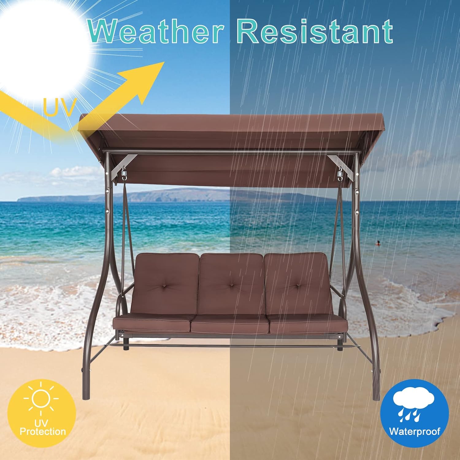 NA Steel Swing Load Bearing 551-pound,Porch Swing Outdoor Patio Swing Seat with Comfortable Cushion and Adjustable Waterproof Canopy Swing Chair,Garden 3-Seater Brown, 74.8''*47.24''*68.9''