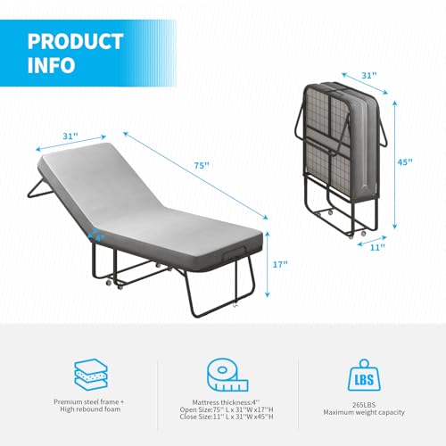 Folding Bed with Mattress for Adults, Portable Folding Bed with 4" Foam Mattress, Single Rollaway Beds with Metal Frame, Twin Size Foldable Bed Fold Away Bed Space Saving
