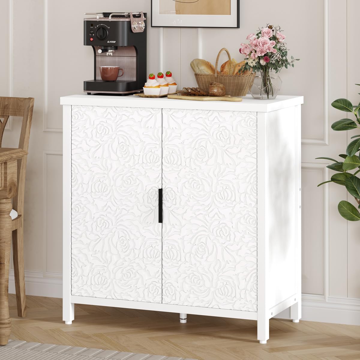 BON AUGURE Buffet Cabinet with Storage, Kitchen Sideboard Storage Cabinet with Doors and Shelves, Wood Credenza Coffee Bar Cabinet for Home, Modern Accent Cabinet for Entryway (White Floral)