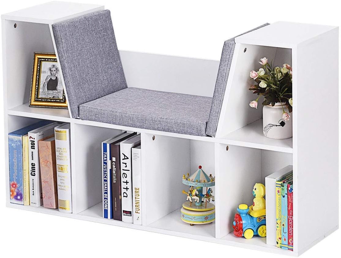 6-Cubby Kid Storage Bookcase Cushioned Reading Nook Versatile Bench Design Ample Storage Space