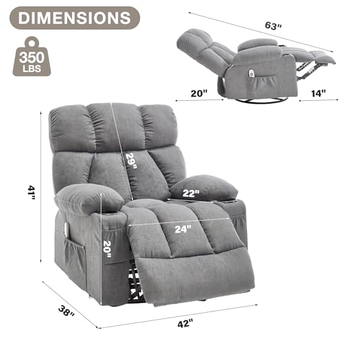 Massage Rocker Recliner Chair with Heat and Vibration Ergonomic Rocking Lounge Chair for Living Room Comfy Overstuffed Recliner with 4 Side Pockets,2 Cup Holders, USB Charge Port, Grey