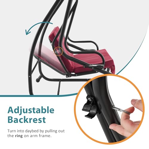 MCombo 3 Seat Patio Swing Chair, Outdoor Swing with Adjustable Canopy, Weather Resistant Steel Frame, Porch Swing Sets for Backyard, Poolside, Balcony, 4090 (Burgundy)